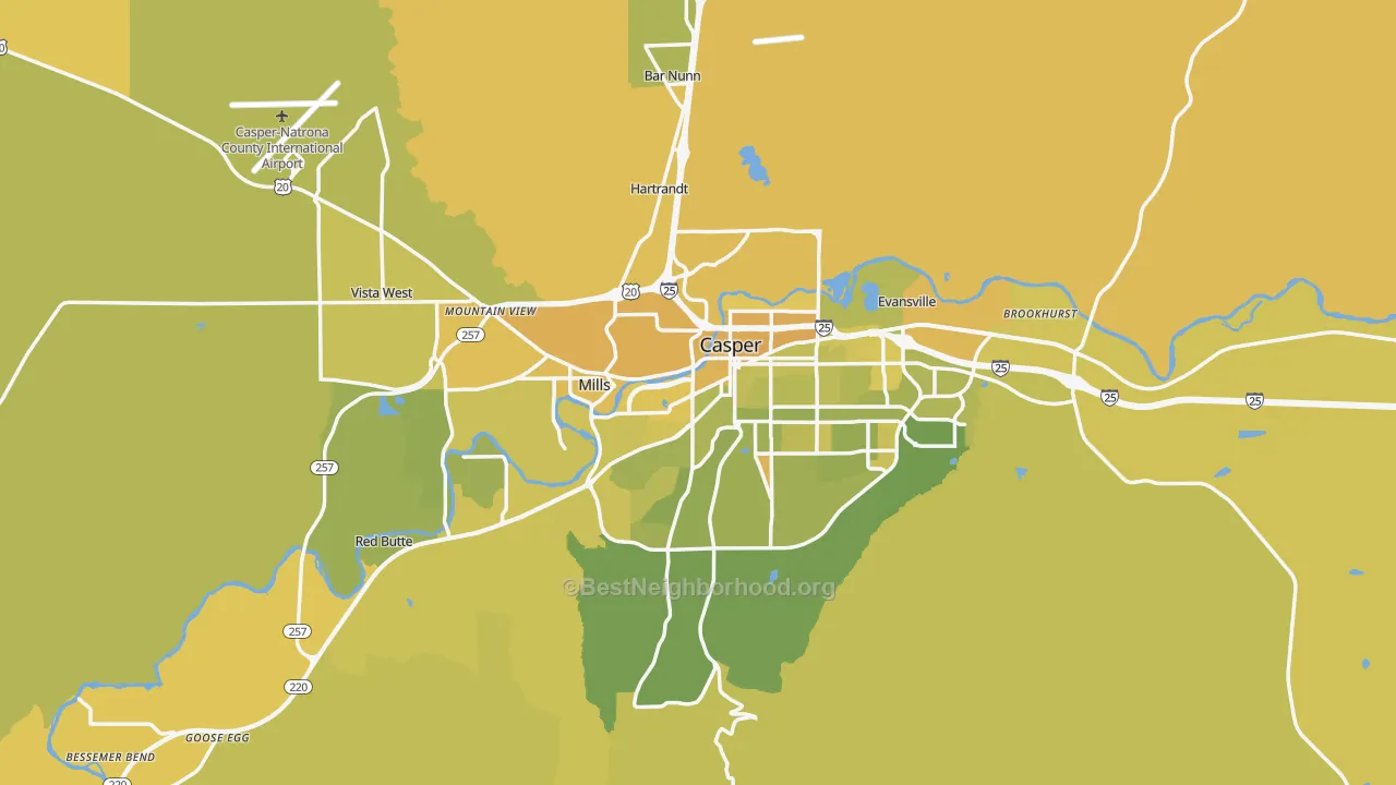 Map of the best neighborhoods in the Natrona County area, with better matches in green and worse matches in red