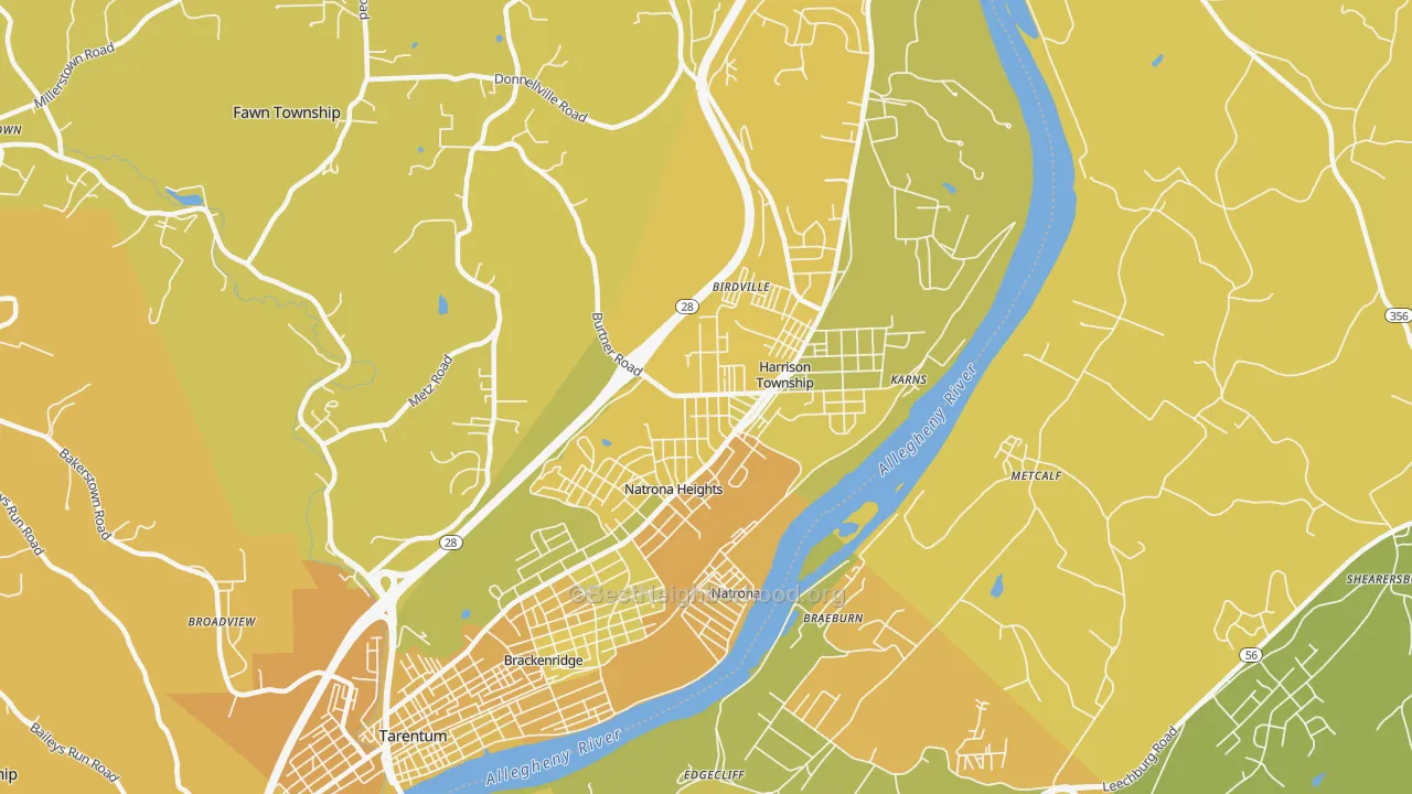 Map of the best neighborhoods in the Natrona Heights area, with better matches in green and worse matches in red