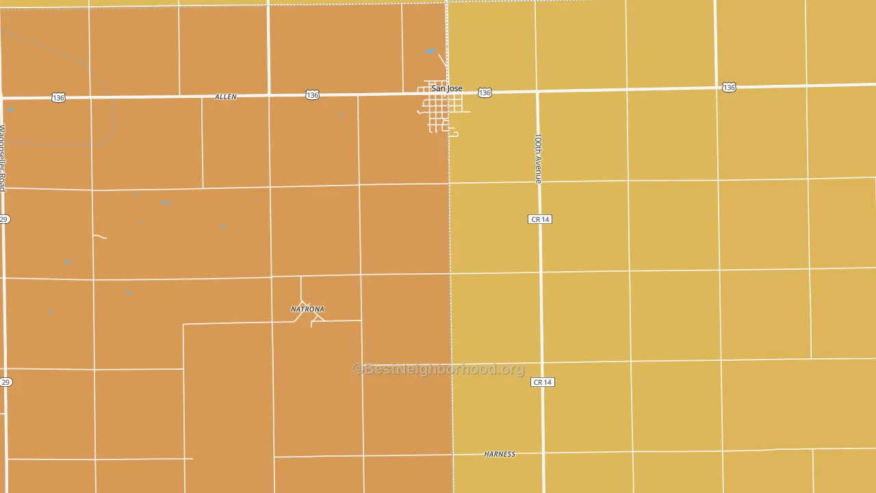 Map of the best neighborhoods in the Natrona area, with better matches in green and worse matches in red