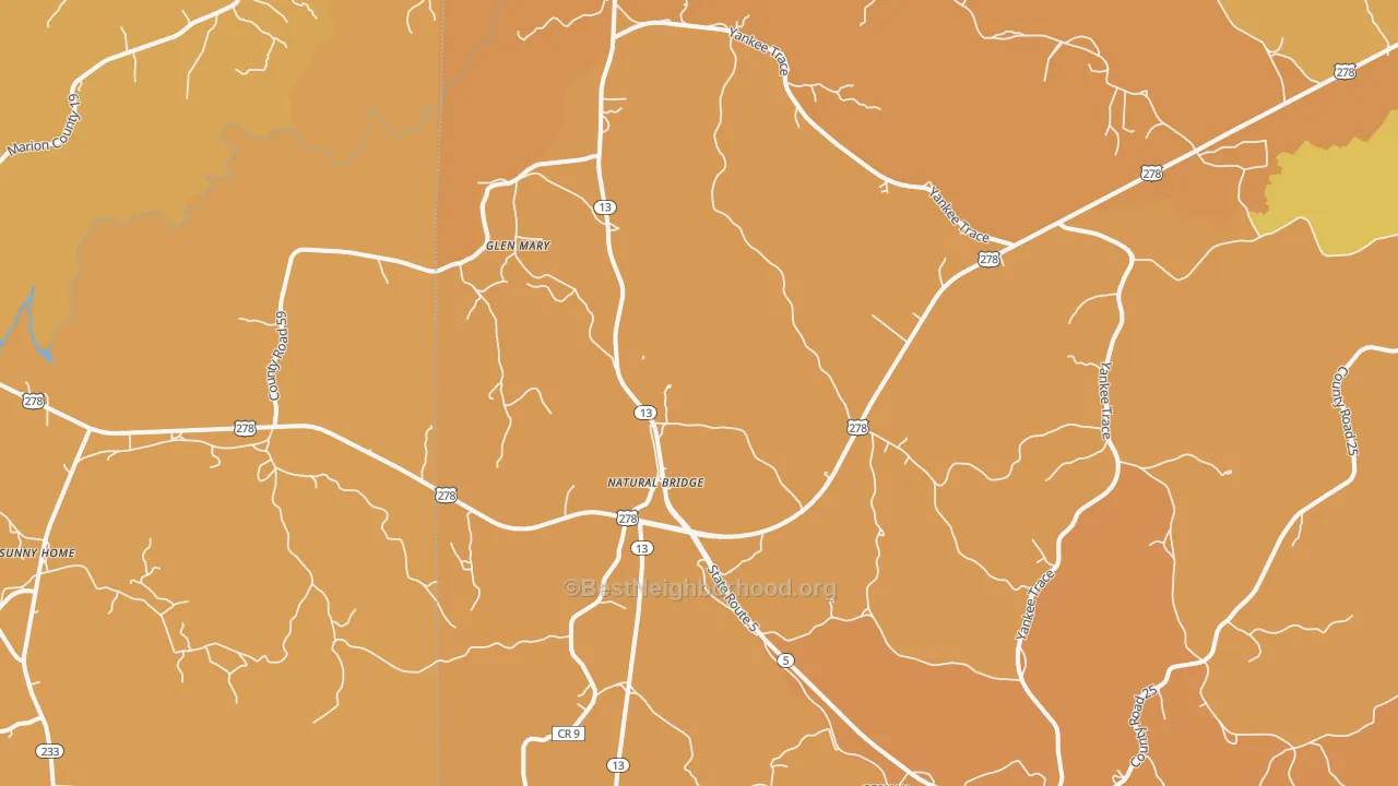 Map of the best neighborhoods in the Natural Bridge area, with better matches in green and worse matches in red