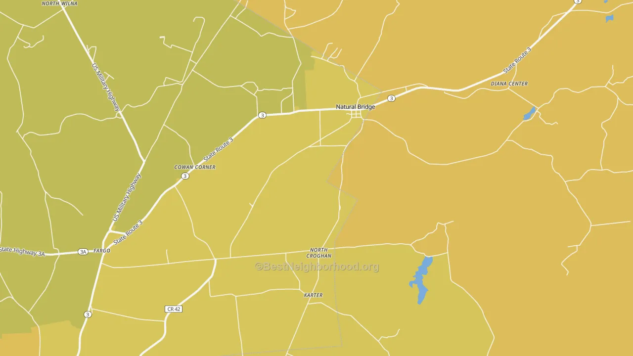 Map of the best neighborhoods in the Natural Bridge area, with better matches in green and worse matches in red