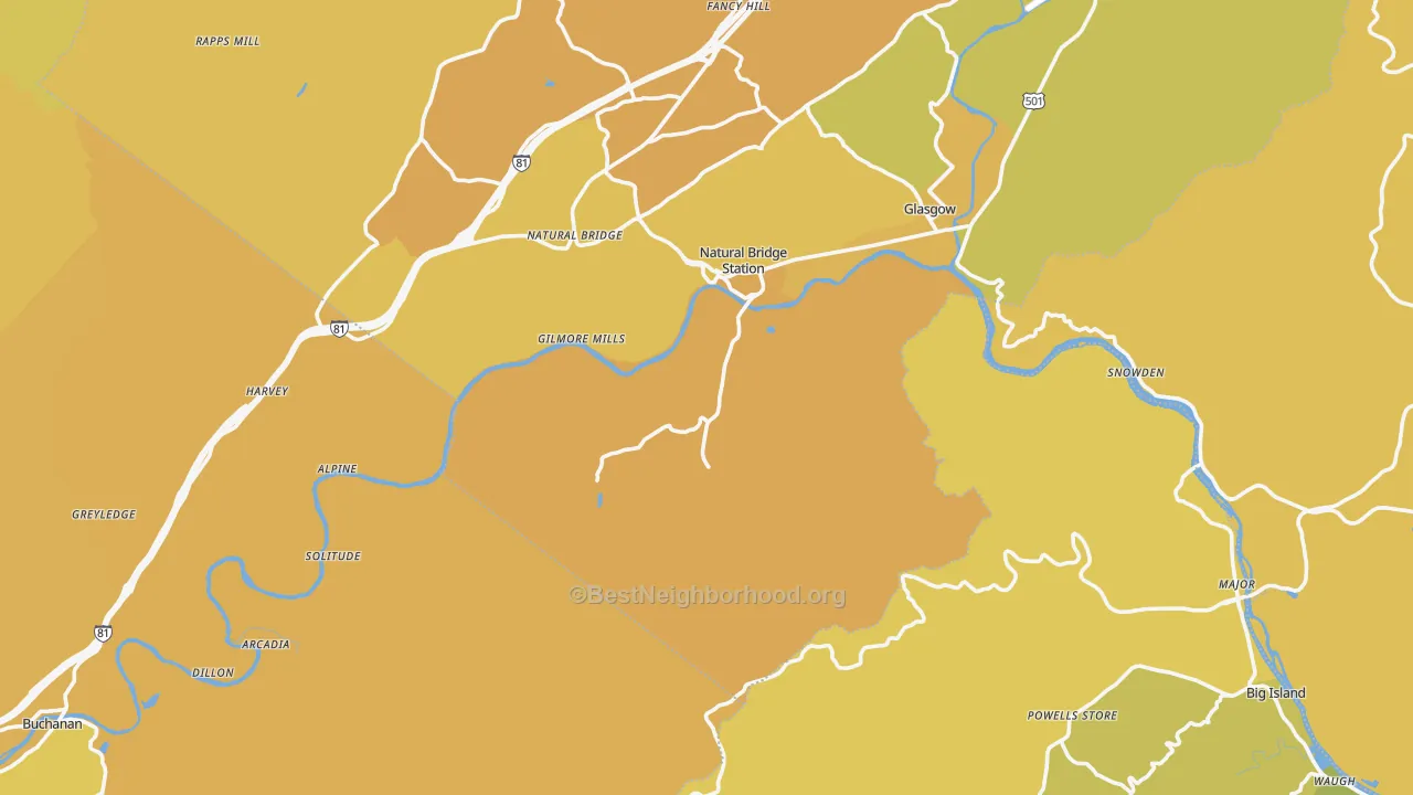 Map of the best neighborhoods in the Natural Bridge Station area, with better matches in green and worse matches in red