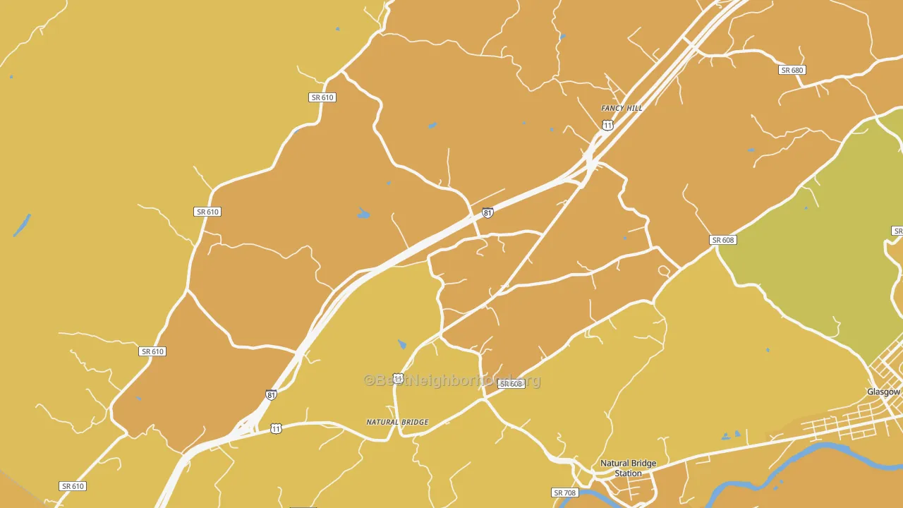 Map of the best neighborhoods in the Natural Bridge area, with better matches in green and worse matches in red