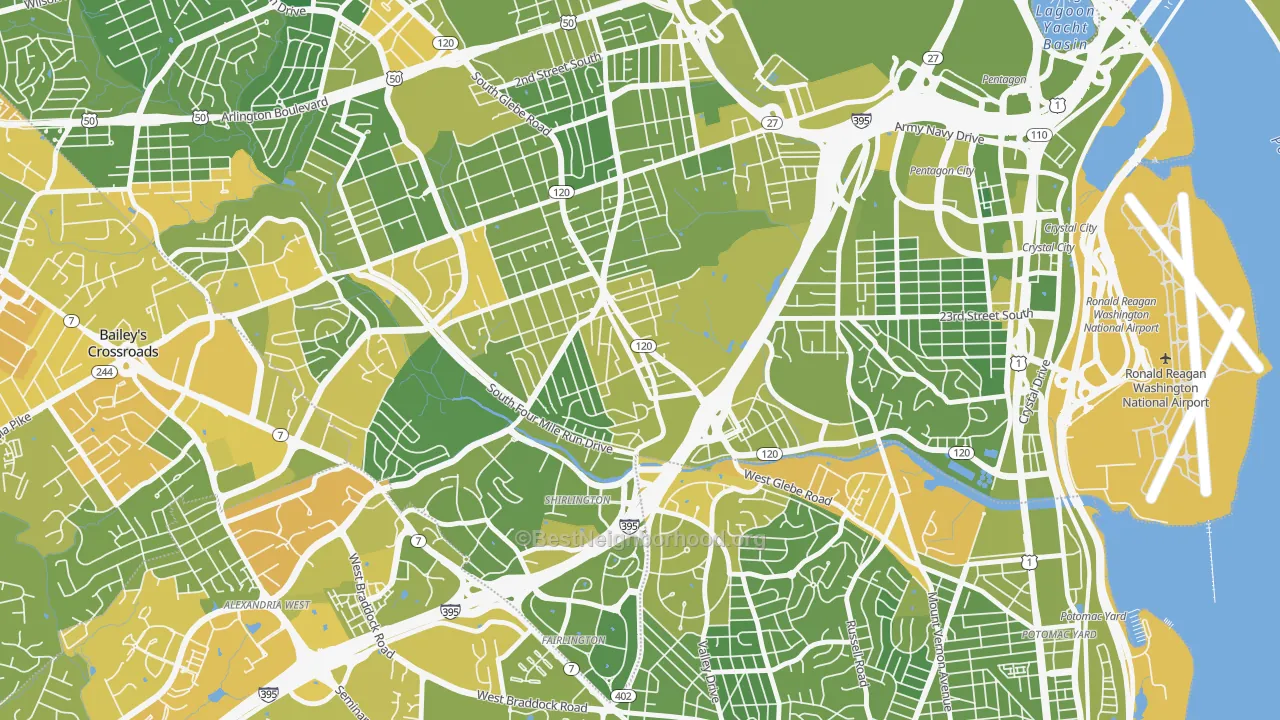 Map of the best neighborhoods in the Nauck, Arlington area, with better matches in green and worse matches in red