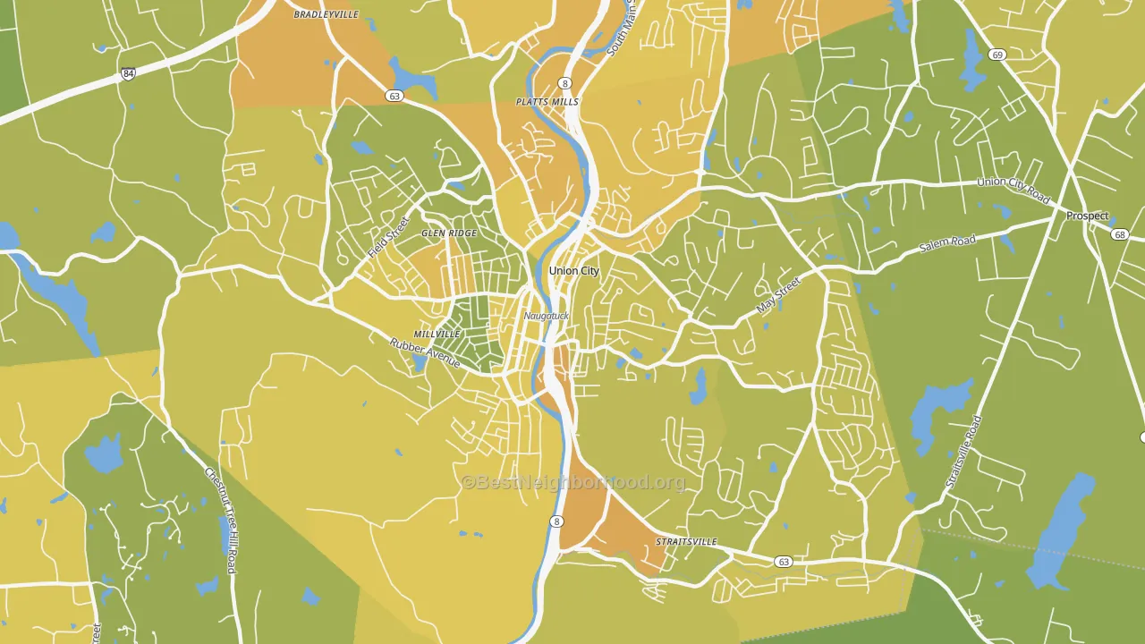 Map of the best neighborhoods in the Naugatuck area, with better matches in green and worse matches in red