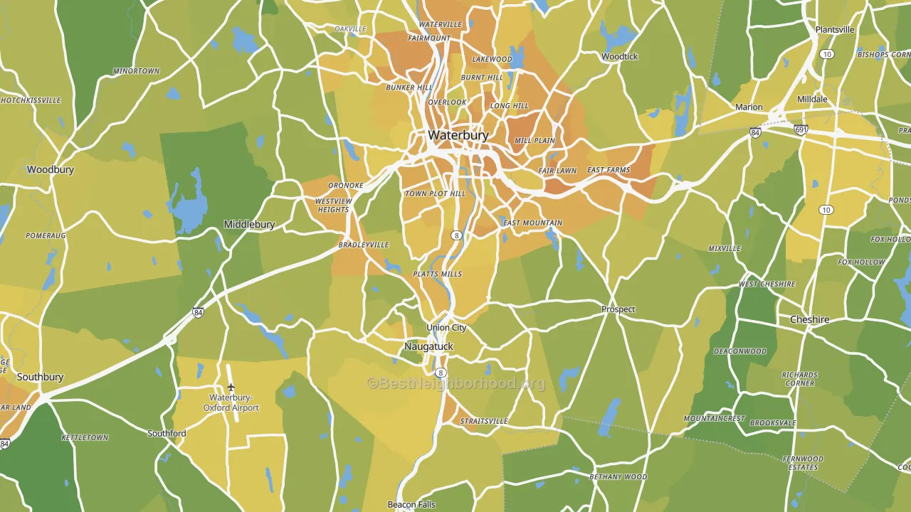 Map of the best neighborhoods in the Naugatuck Valley Planning Region area, with better matches in green and worse matches in red