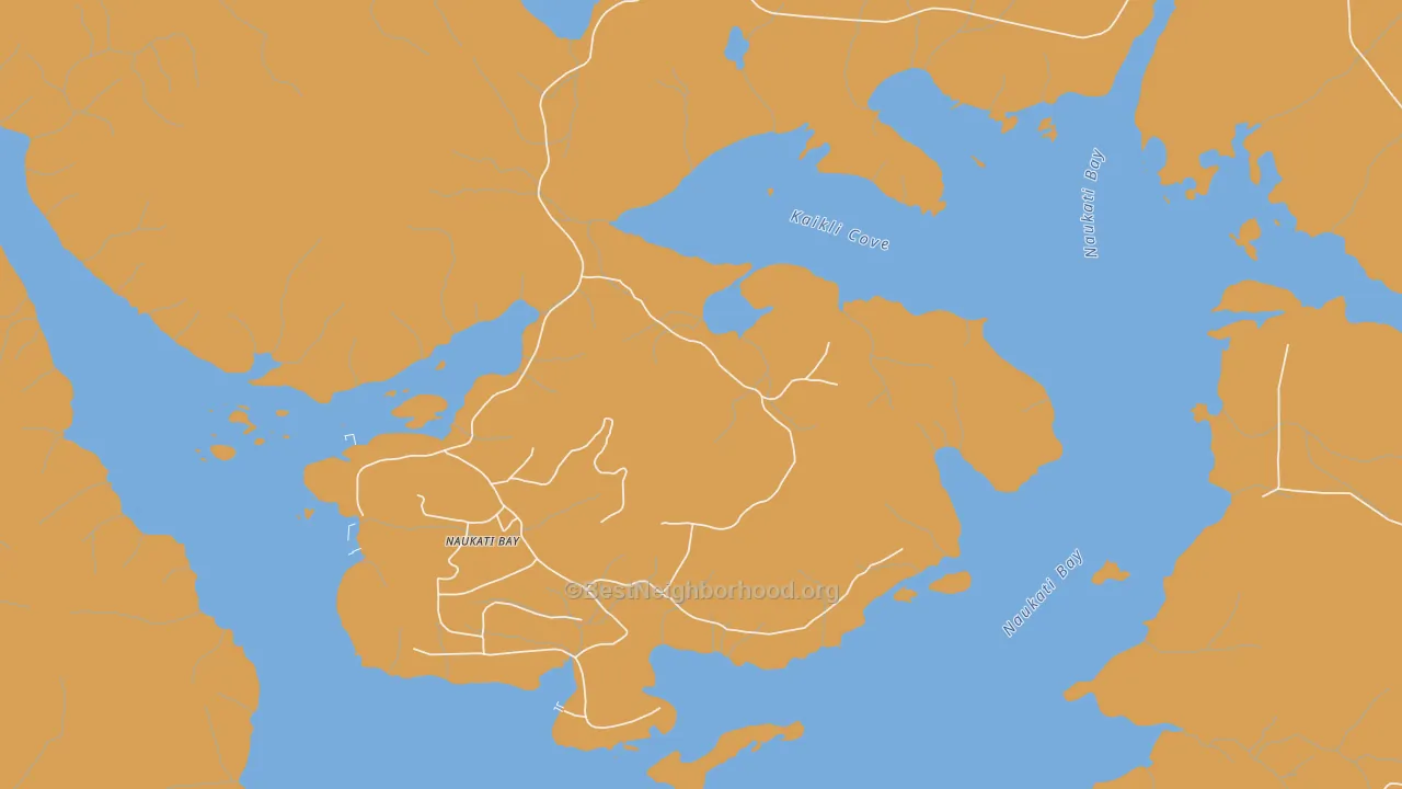 Map of the best neighborhoods in the Naukati Bay area, with better matches in green and worse matches in red