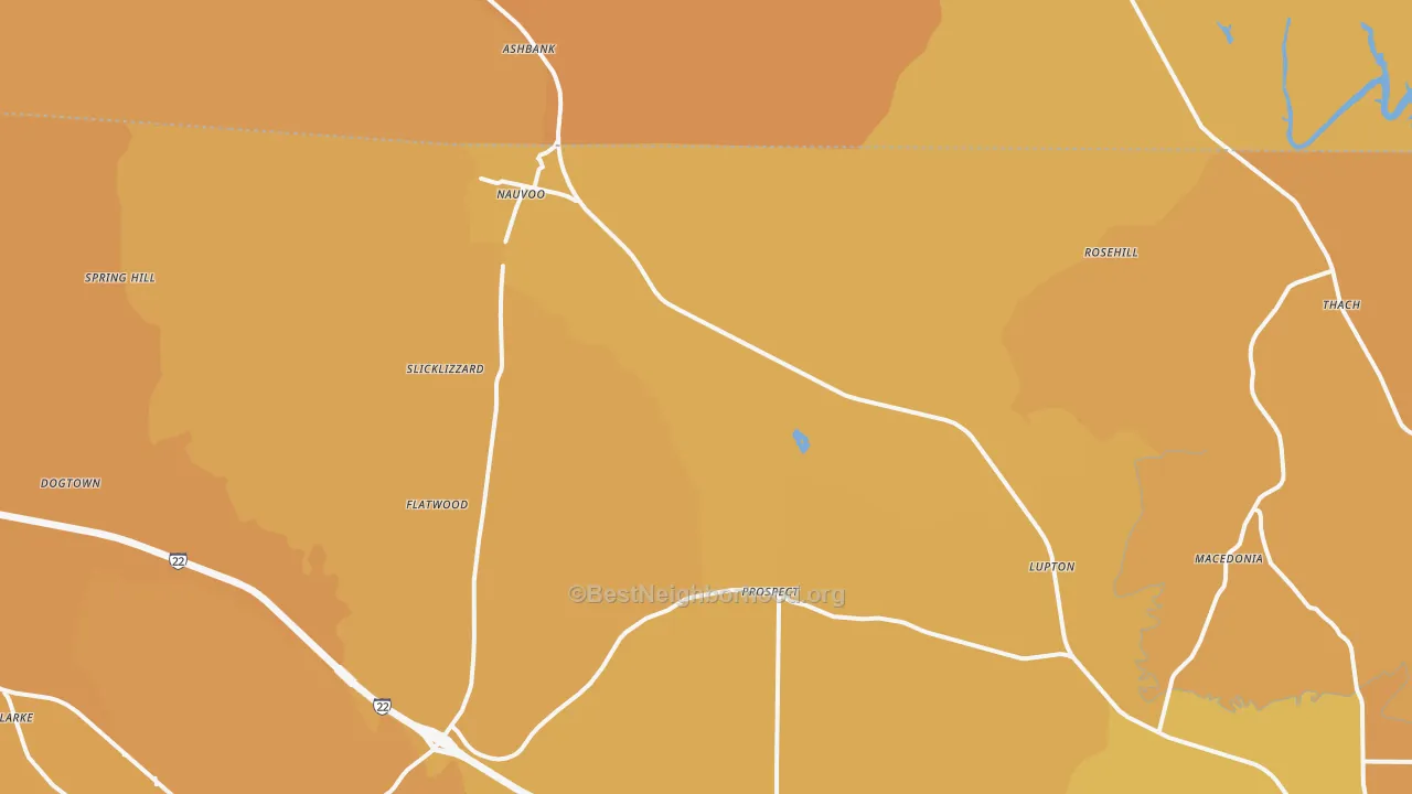 Map of the best neighborhoods in the Nauvoo area, with better matches in green and worse matches in red