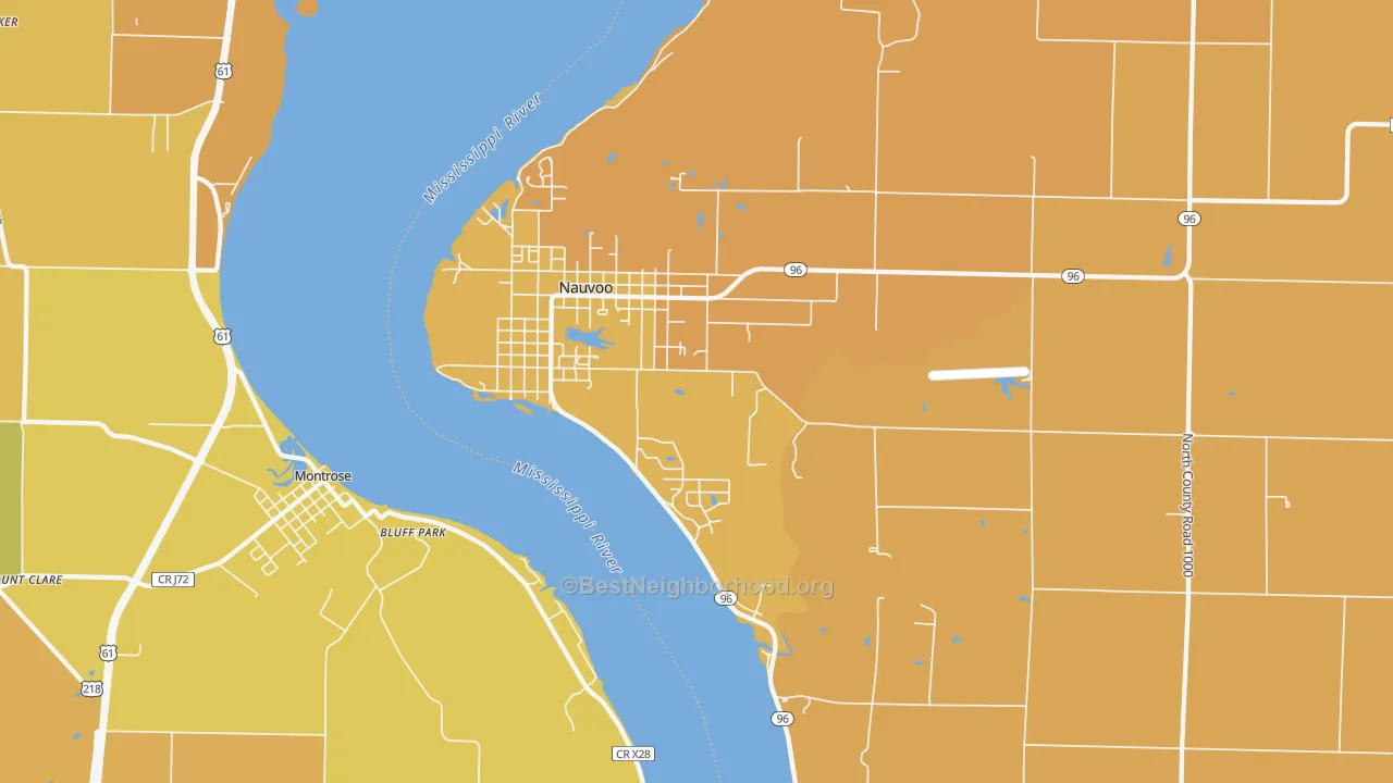 Map of the best neighborhoods in the Nauvoo area, with better matches in green and worse matches in red