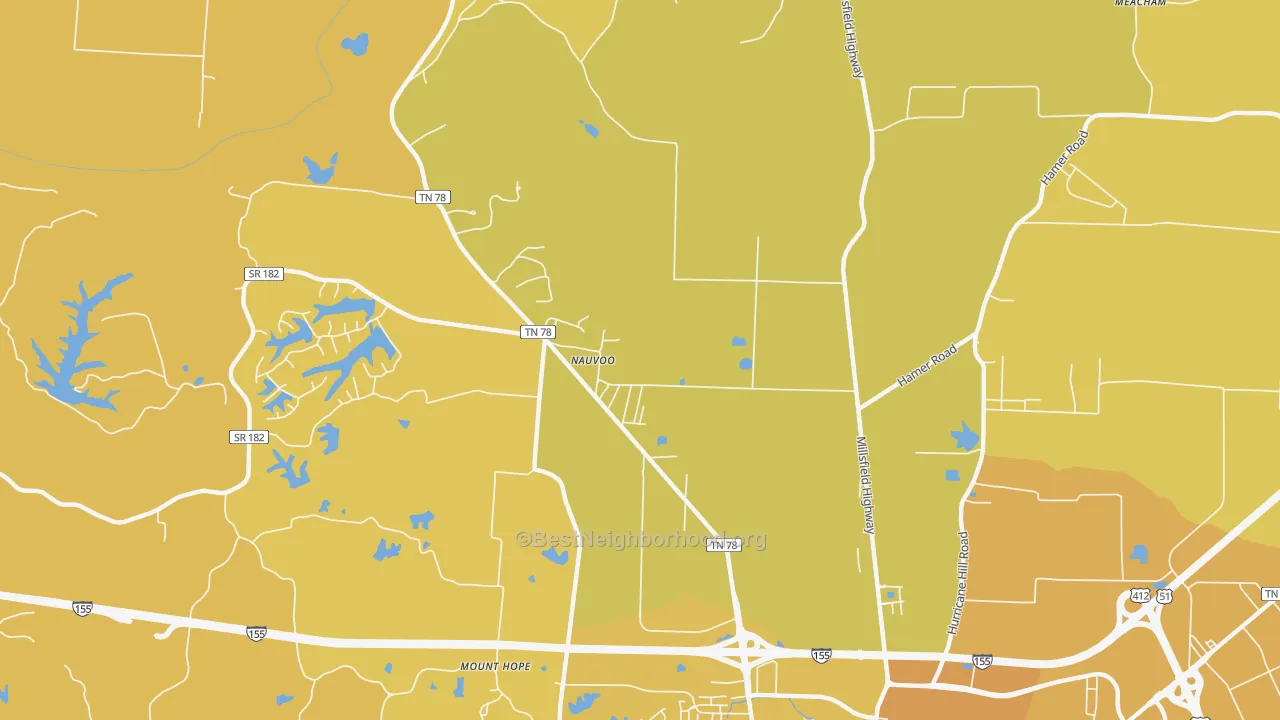 Map of the best neighborhoods in the Nauvoo area, with better matches in green and worse matches in red