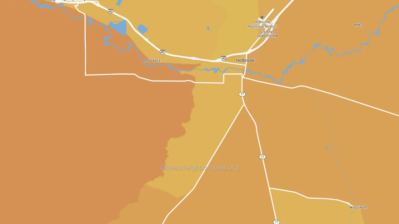 Map of the best neighborhoods in the Navajo County area, with better matches in green and worse matches in red