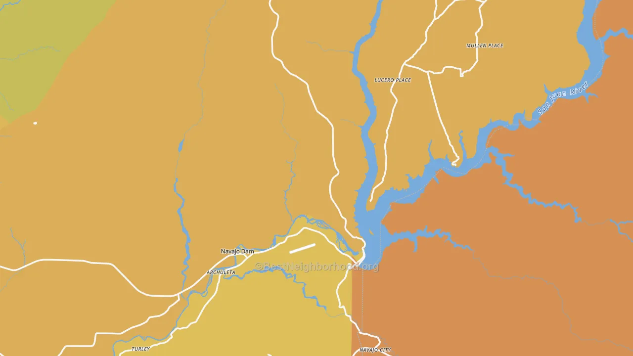 Map of the best neighborhoods in the Navajo Dam area, with better matches in green and worse matches in red