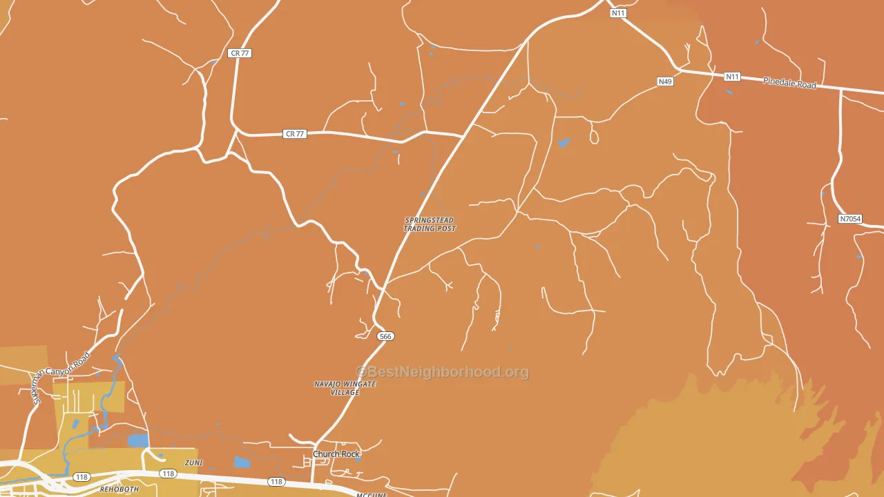 Map of the best neighborhoods in the Navajo Wingate Village area, with better matches in green and worse matches in red