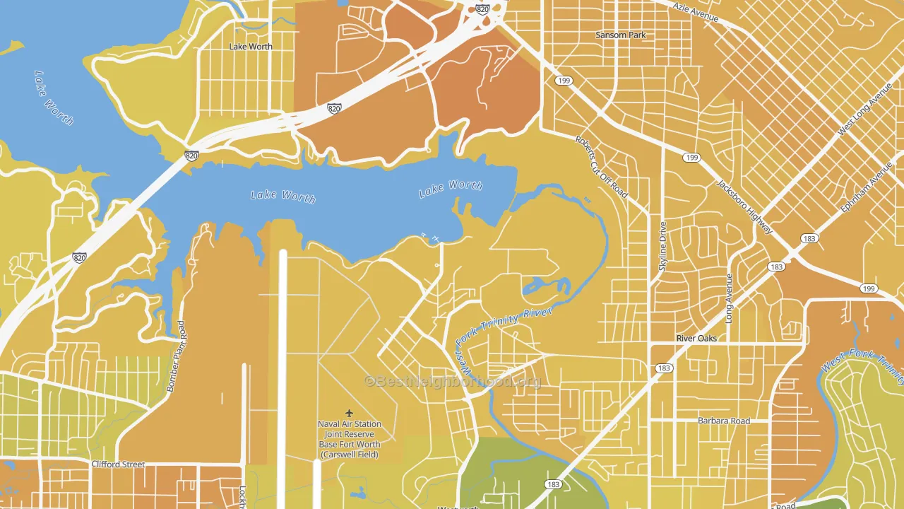 Map of the best neighborhoods in the Naval Air Station JRB area, with better matches in green and worse matches in red