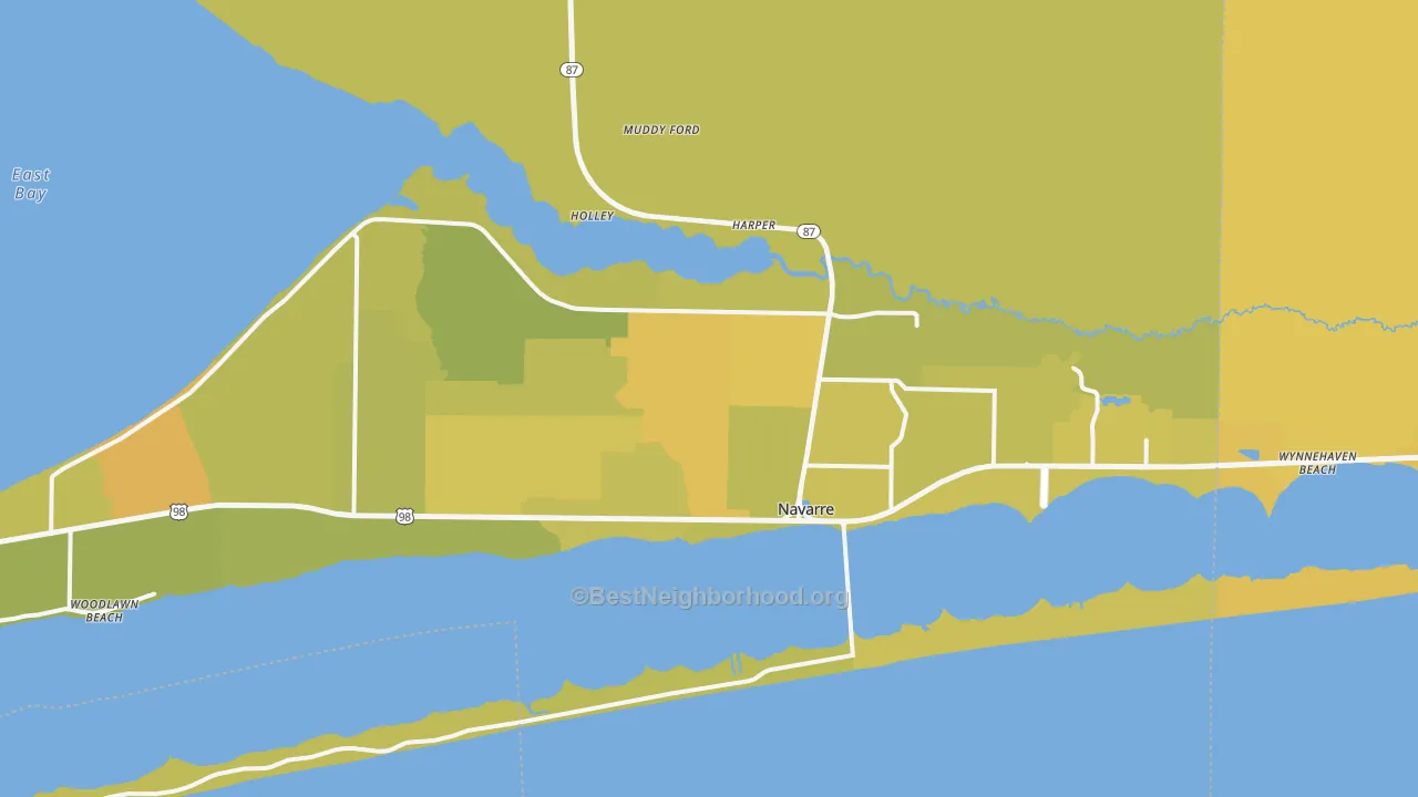 Map of the best neighborhoods in the Navarre area, with better matches in green and worse matches in red