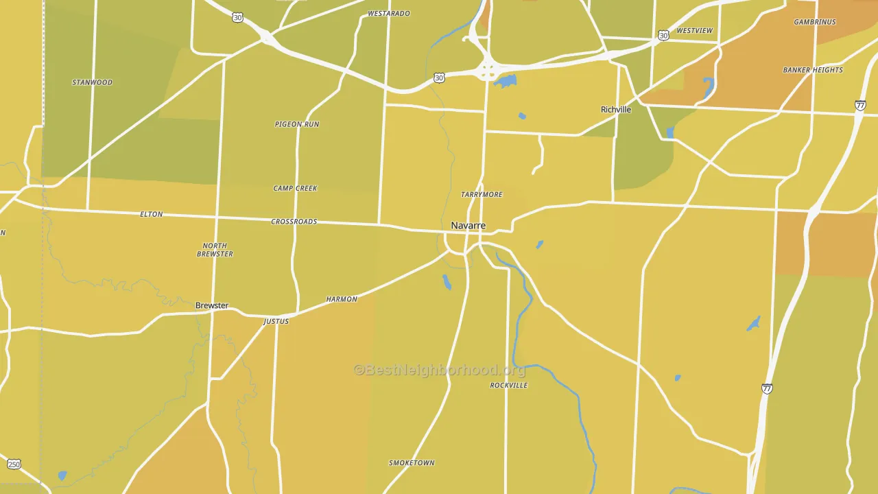 Map of the best neighborhoods in the Navarre area, with better matches in green and worse matches in red