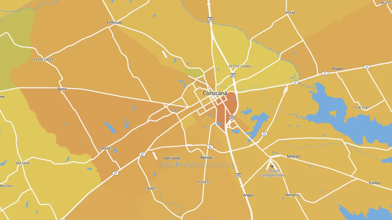 Map of the best neighborhoods in the Navarro County area, with better matches in green and worse matches in red