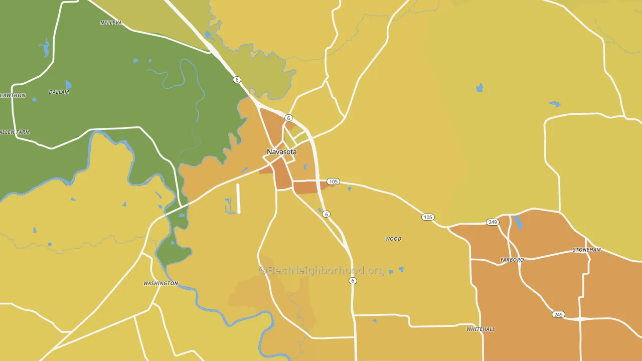 Map of the best neighborhoods in the Navasota area, with better matches in green and worse matches in red