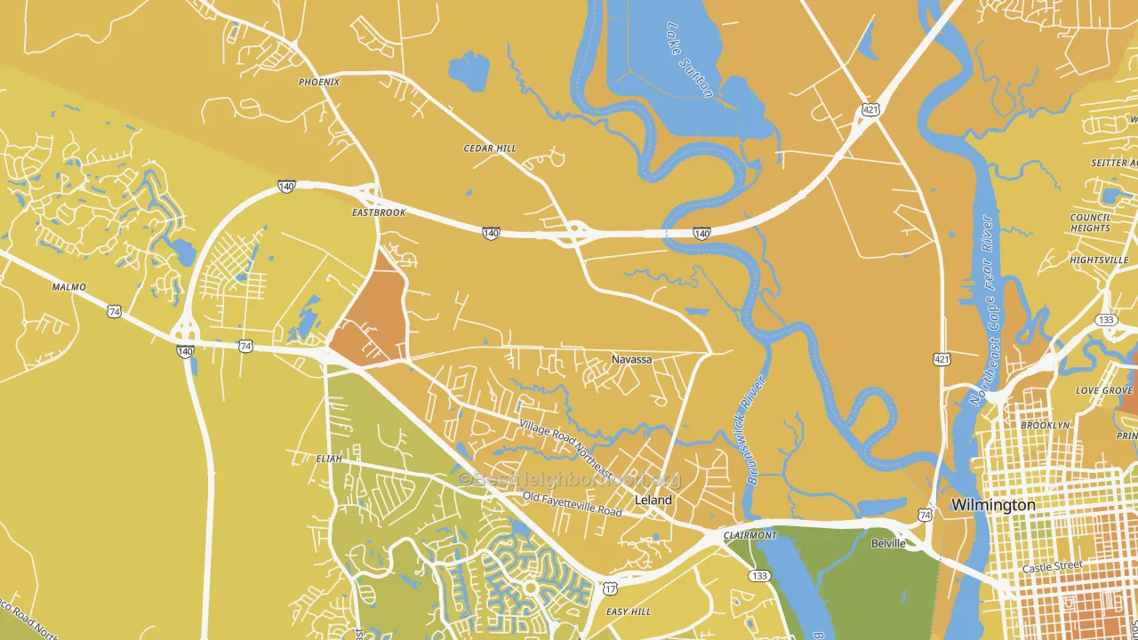 Map of the best neighborhoods in the Navassa area, with better matches in green and worse matches in red