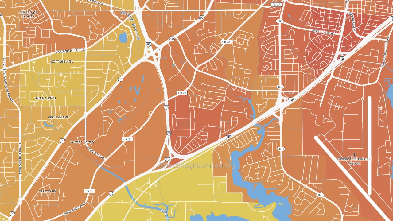 Map of the best neighborhoods in the Navco, Mobile area, with better matches in green and worse matches in red