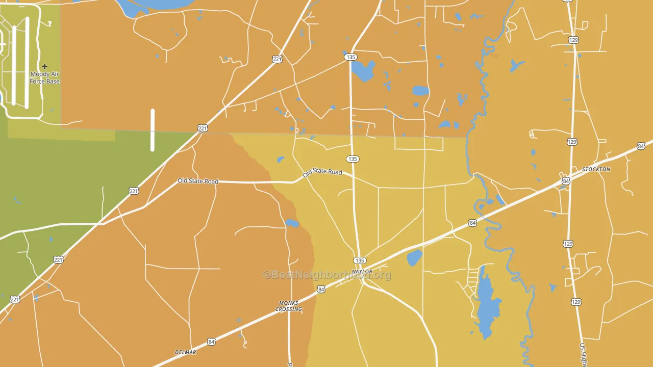 Map of the best neighborhoods in the Naylor area, with better matches in green and worse matches in red