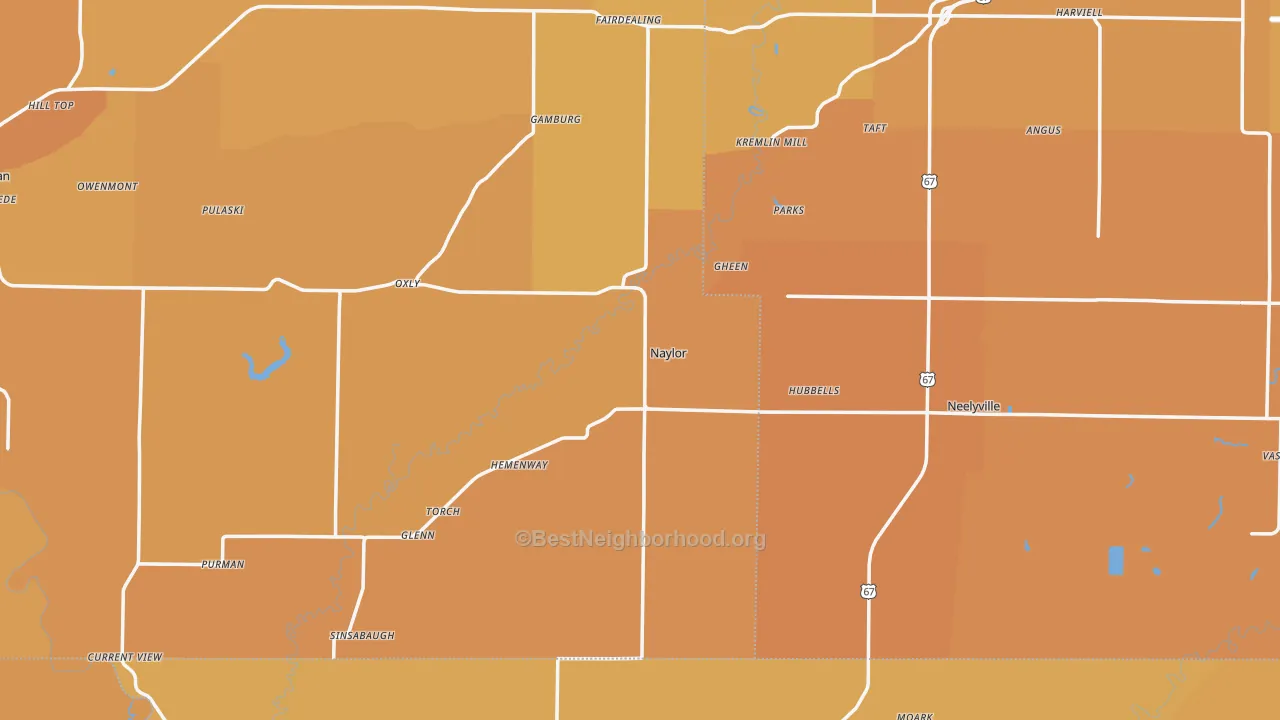Map of the best neighborhoods in the Naylor area, with better matches in green and worse matches in red