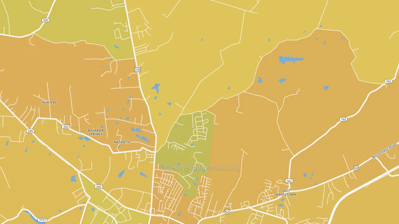 Map of the best neighborhoods in the Nazareth area, with better matches in green and worse matches in red