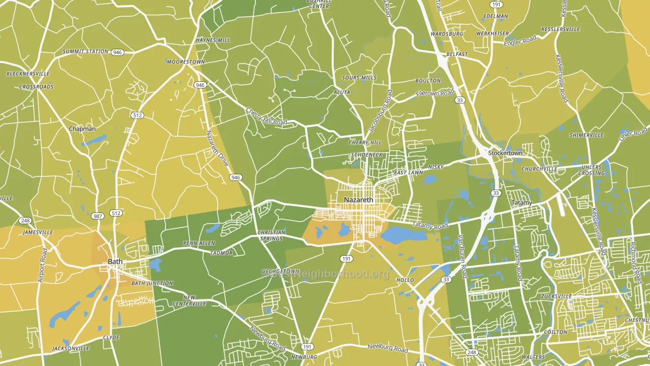 Map of the best neighborhoods in the Nazareth area, with better matches in green and worse matches in red
