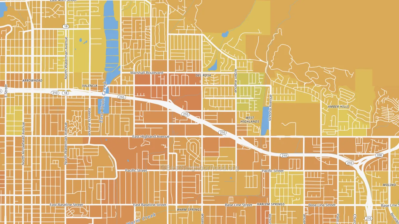 Map of the best neighborhoods in the NE-Sterling, San Bernardino area, with better matches in green and worse matches in red