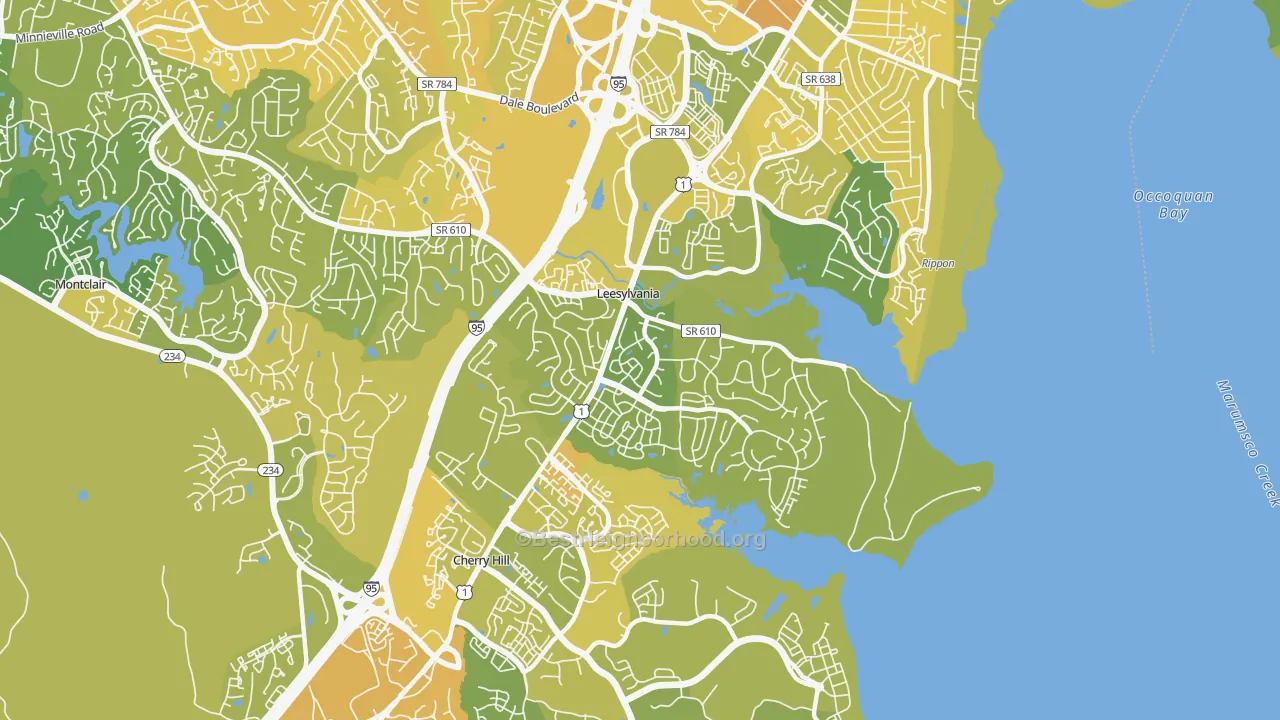 Map of the best neighborhoods in the Neabsco area, with better matches in green and worse matches in red
