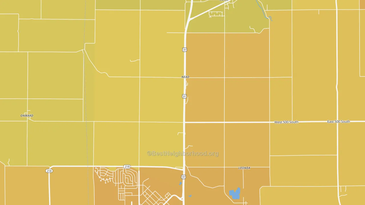 Map of the best neighborhoods in the Nead area, with better matches in green and worse matches in red