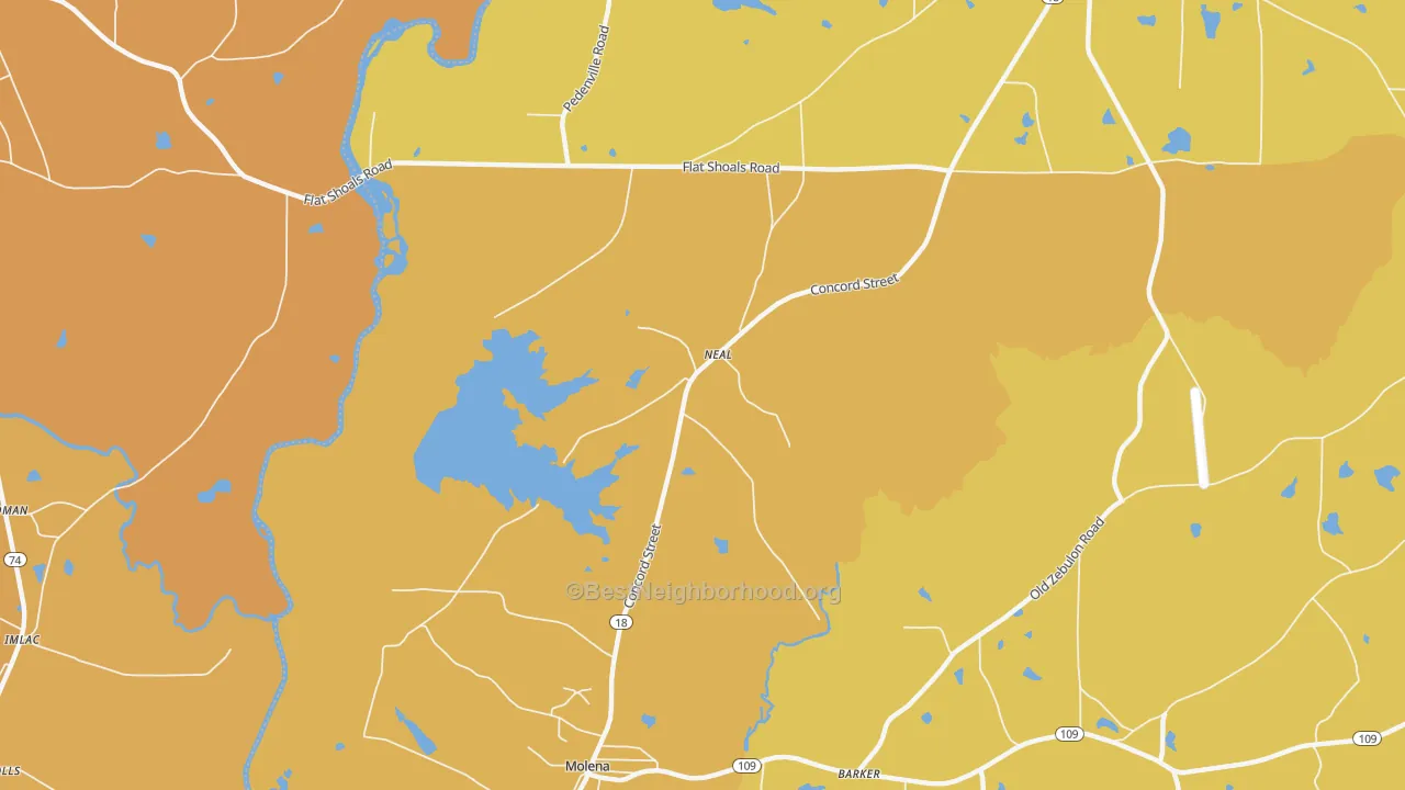 Map of the best neighborhoods in the Neal area, with better matches in green and worse matches in red