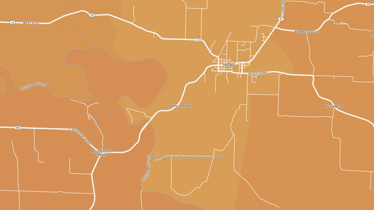 Map of the best neighborhoods in the Neal Springs area, with better matches in green and worse matches in red
