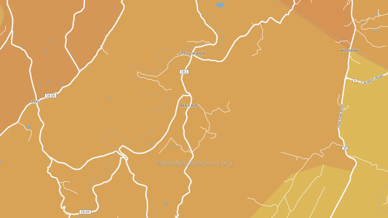 Map of the best neighborhoods in the Neals Run area, with better matches in green and worse matches in red