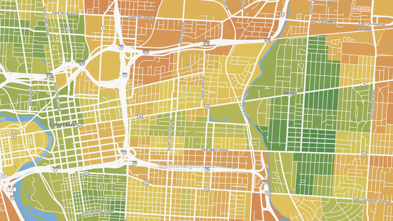 Map of the best neighborhoods in the Near East, Columbus area, with better matches in green and worse matches in red