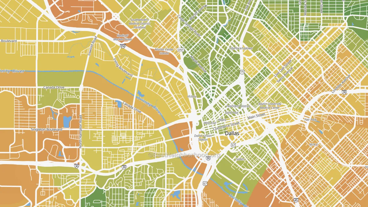 Map of the best neighborhoods in the Near East, Dallas area, with better matches in green and worse matches in red