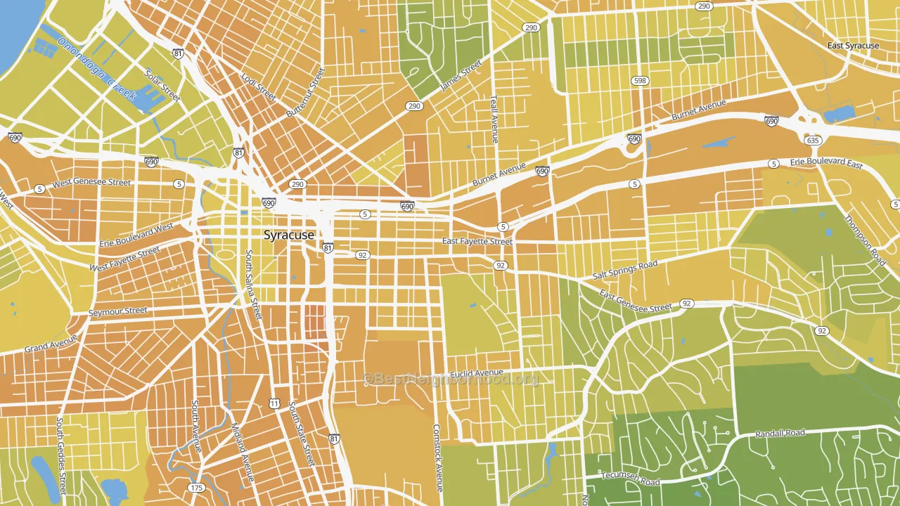 Map of the best neighborhoods in the Near Eastside, Syracuse area, with better matches in green and worse matches in red