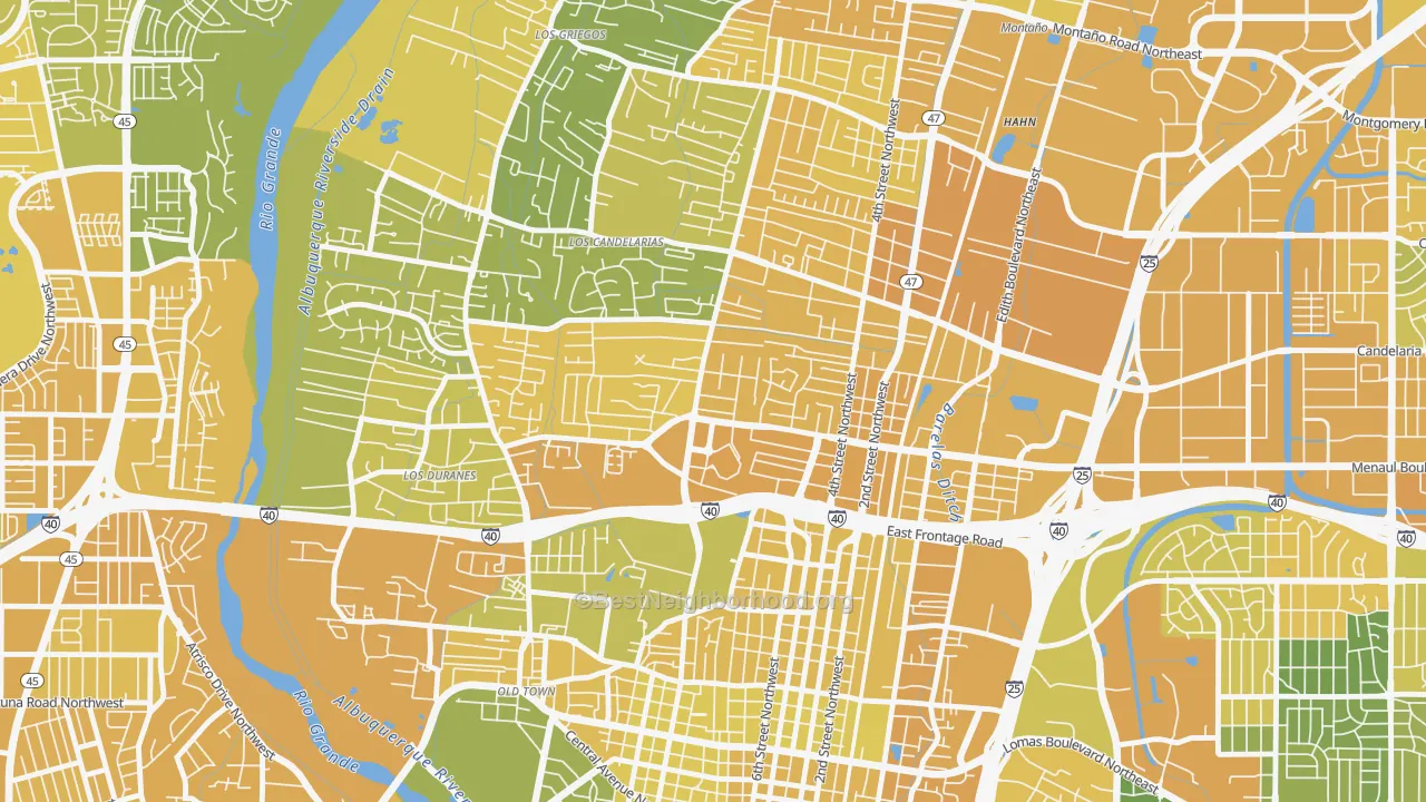 Map of the best neighborhoods in the Near N Valley, Albuquerque area, with better matches in green and worse matches in red