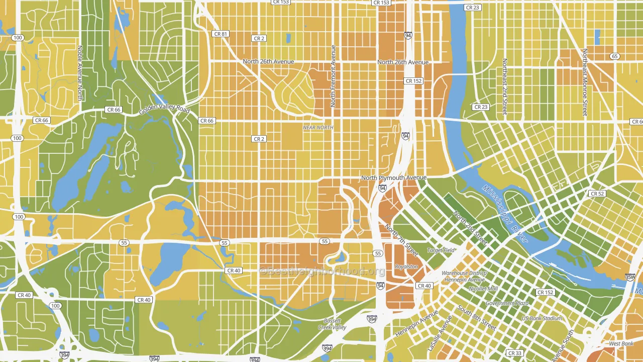 Map of the best neighborhoods in the Near North, Minneapolis area, with better matches in green and worse matches in red