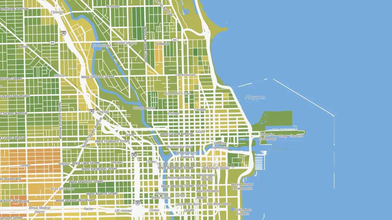 Map of the best neighborhoods in the Near North Side, Chicago area, with better matches in green and worse matches in red