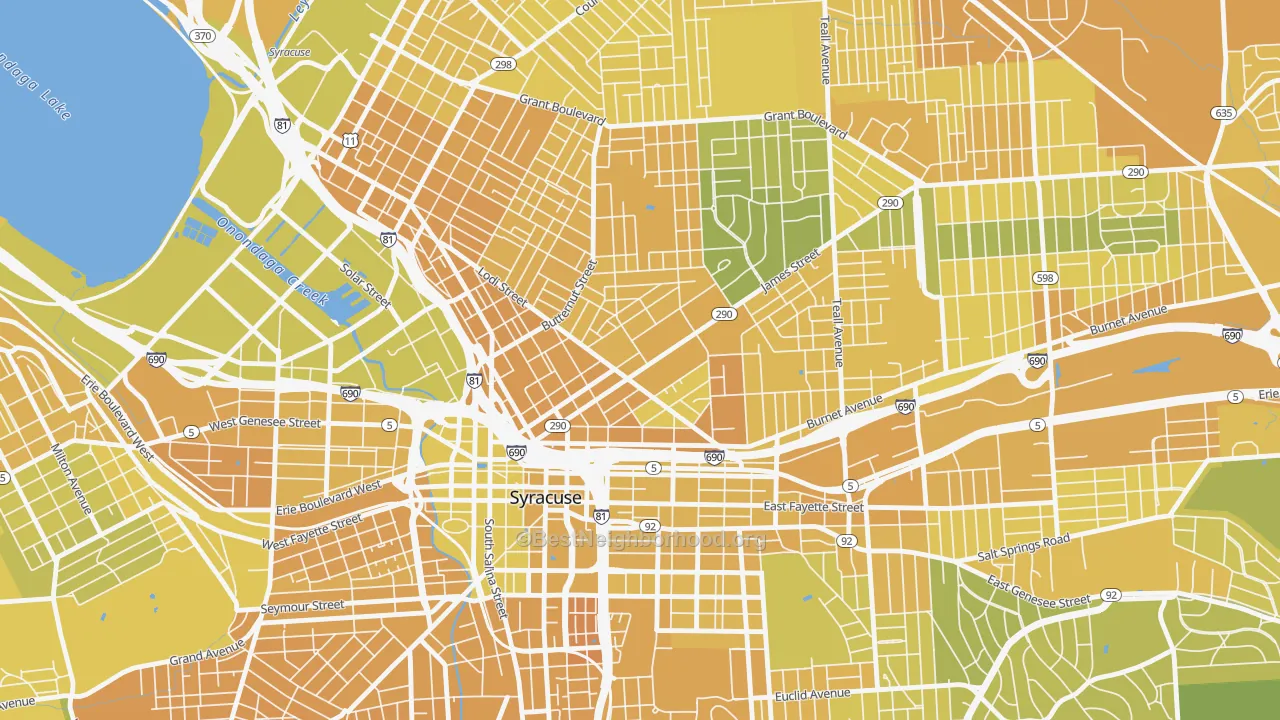 Map of the best neighborhoods in the Near Northeast, Syracuse area, with better matches in green and worse matches in red