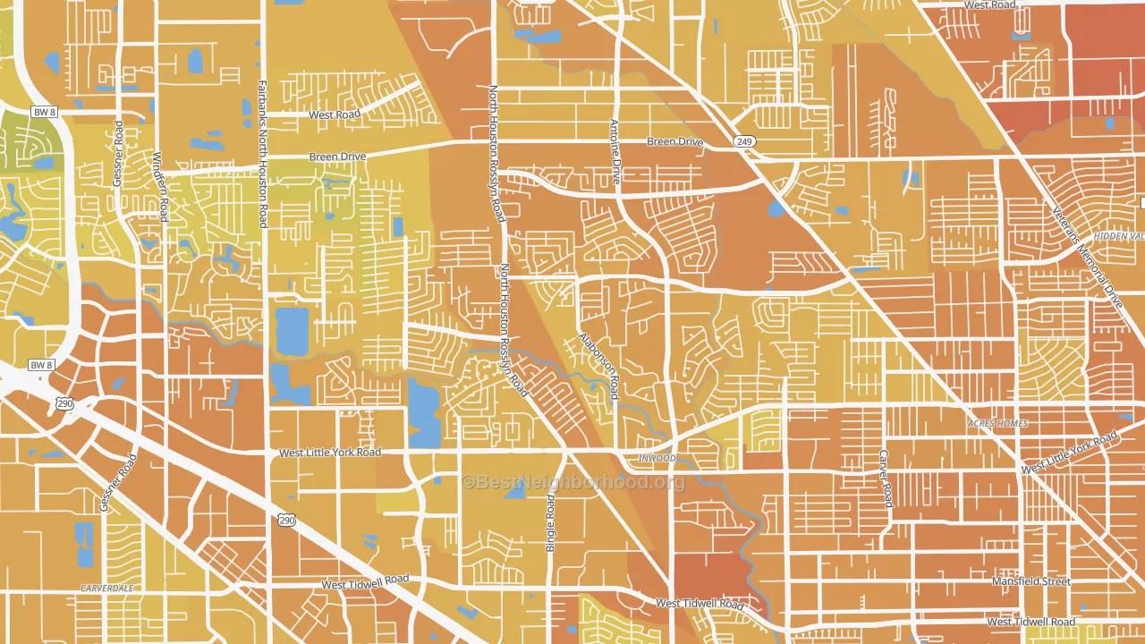 Map of the best neighborhoods in the Near Northwest, Houston area, with better matches in green and worse matches in red