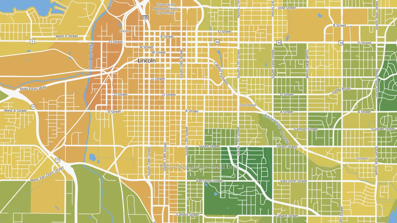 Map of the best neighborhoods in the Near South, Lincoln area, with better matches in green and worse matches in red