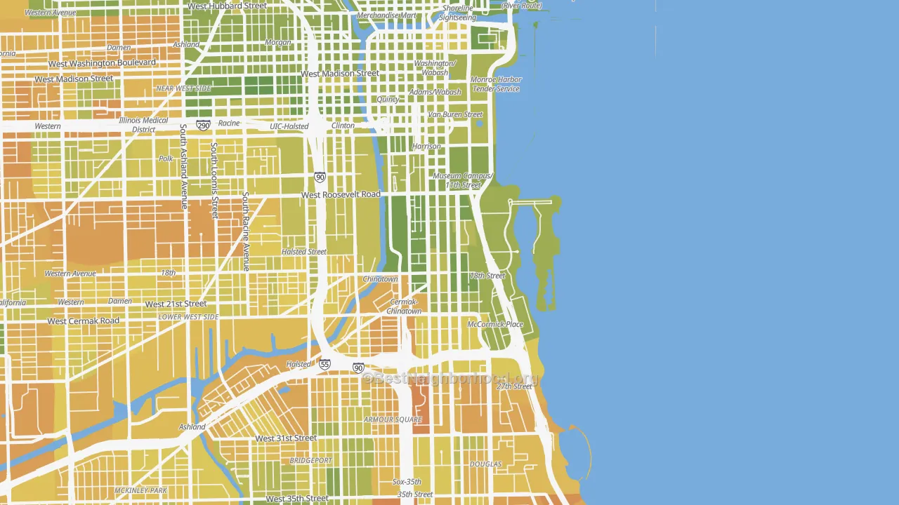 Map of the best neighborhoods in the Near South Side, Chicago area, with better matches in green and worse matches in red