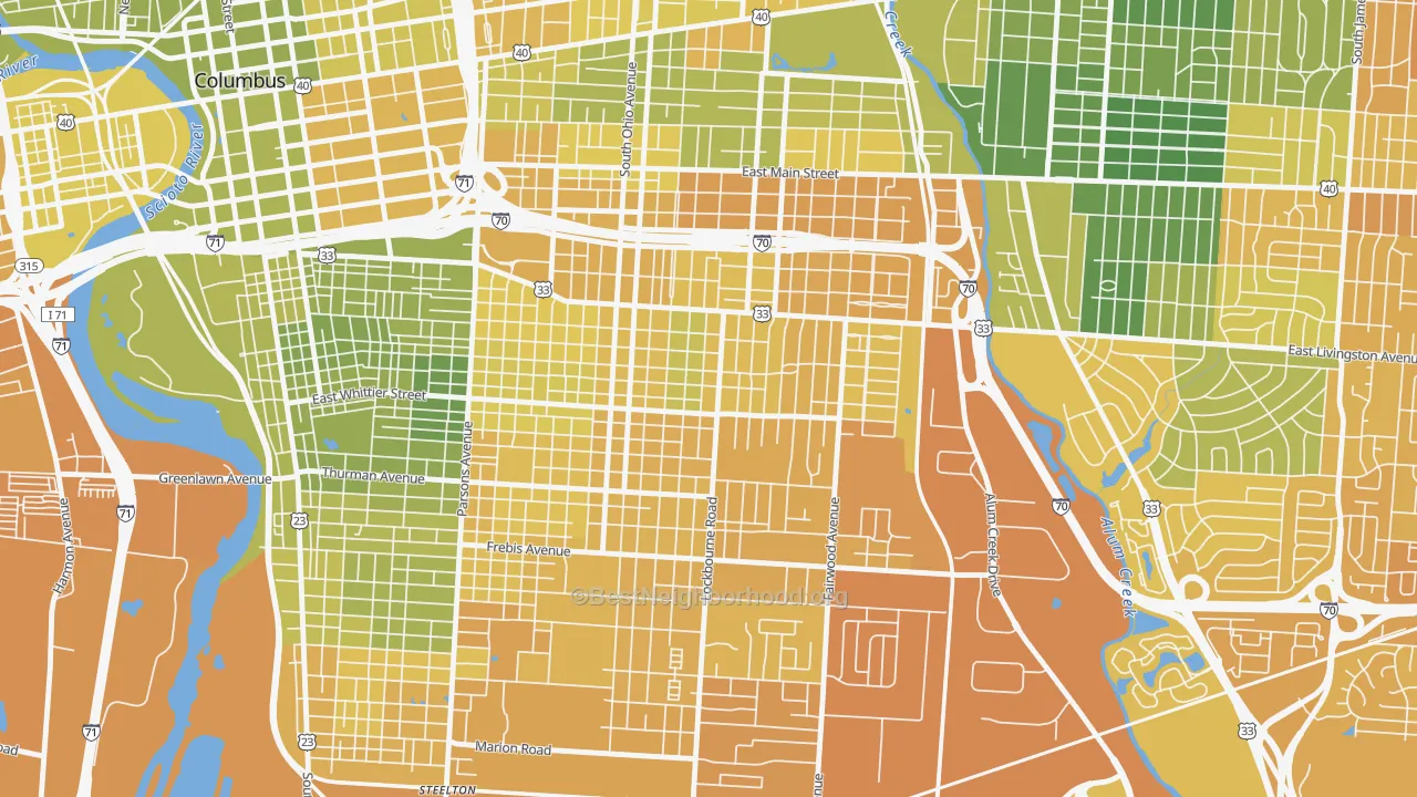 Map of the best neighborhoods in the Near Southside, Columbus area, with better matches in green and worse matches in red