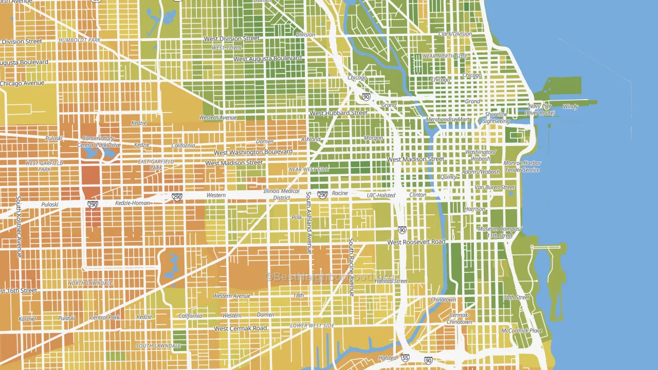 Map of the best neighborhoods in the Near West Side, Chicago area, with better matches in green and worse matches in red