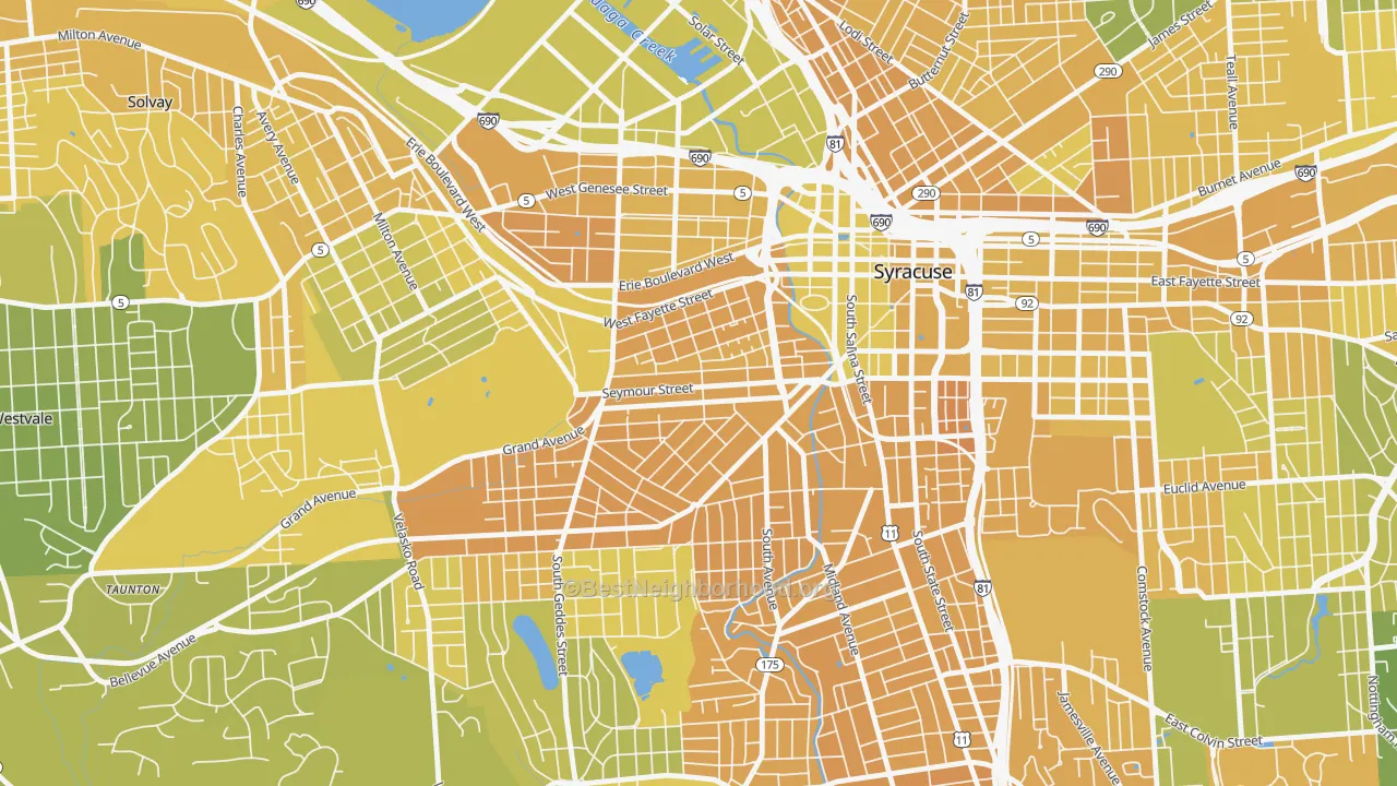 Map of the best neighborhoods in the Near Westside, Syracuse area, with better matches in green and worse matches in red