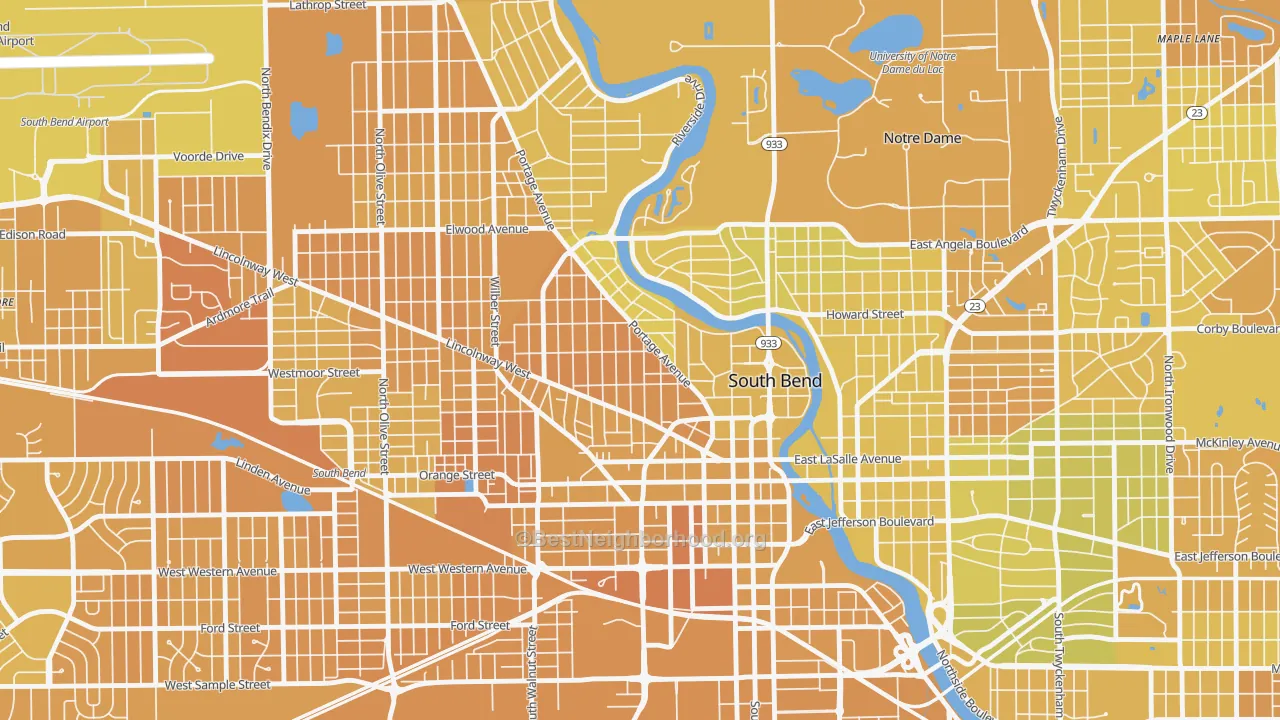 Map of the best neighborhoods in the Nearnorthwest, South Bend area, with better matches in green and worse matches in red