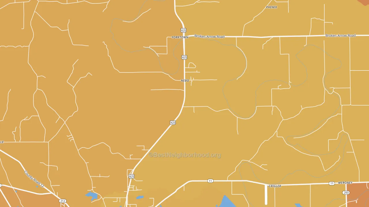 Map of the best neighborhoods in the Nebo area, with better matches in green and worse matches in red