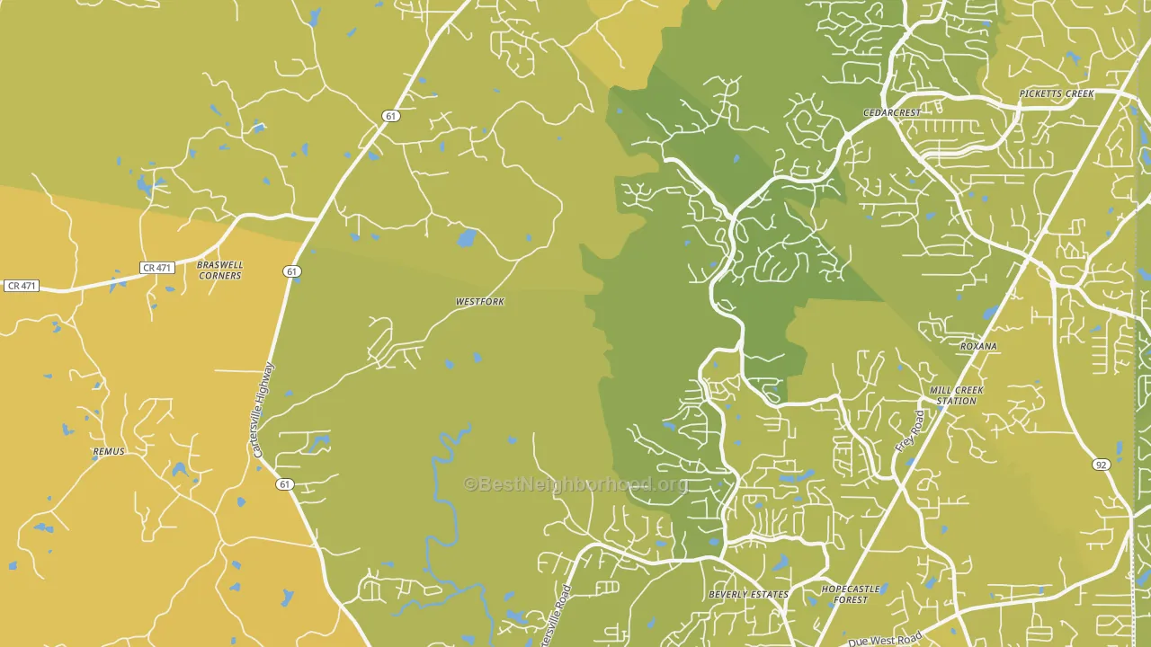 Map of the best neighborhoods in the Nebo area, with better matches in green and worse matches in red
